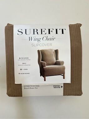 Sure Fit Beach House Tan Stretch Rib Wing Chair Slipcover NWT